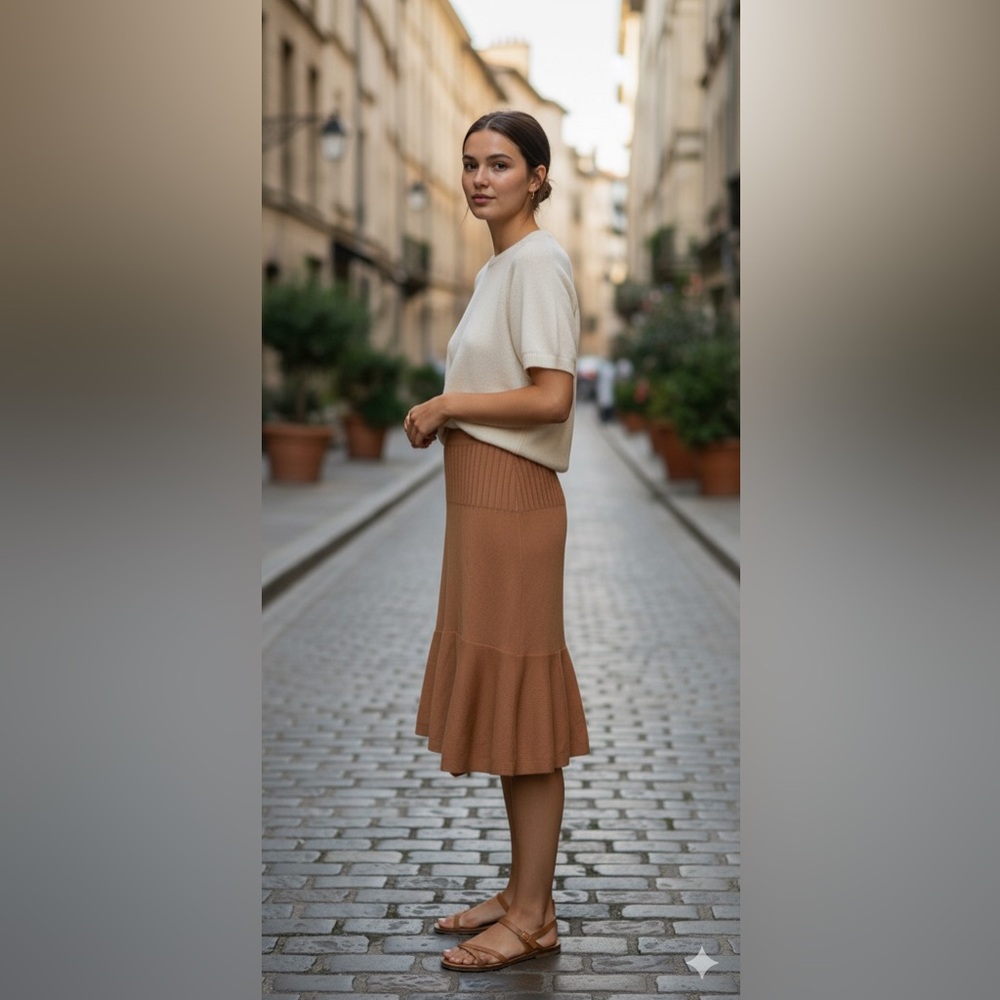 Barrie 100% Cashmere Scotland Asymmetrical Tan Camel Knit Skirt Women's Size‎ M